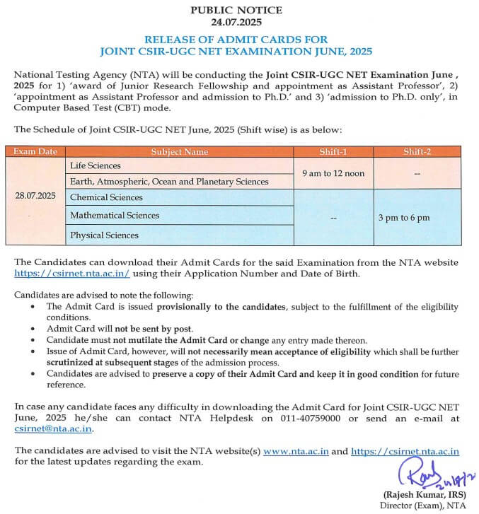 csir net admit card released, check notice 